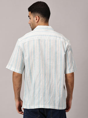 Aqua Stripe Linen Cuban Collar Shirt - Regalwolf