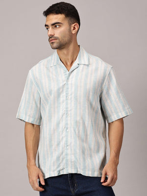 Aqua Stripe Linen Cuban Collar Shirt - Regalwolf