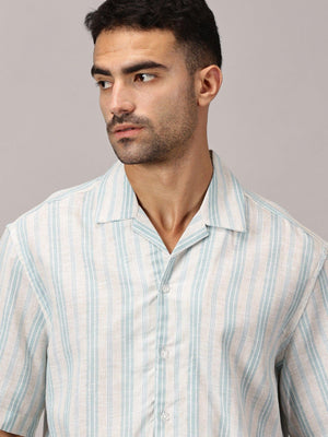 Aqua Stripe Linen Cuban Collar Shirt - Regalwolf