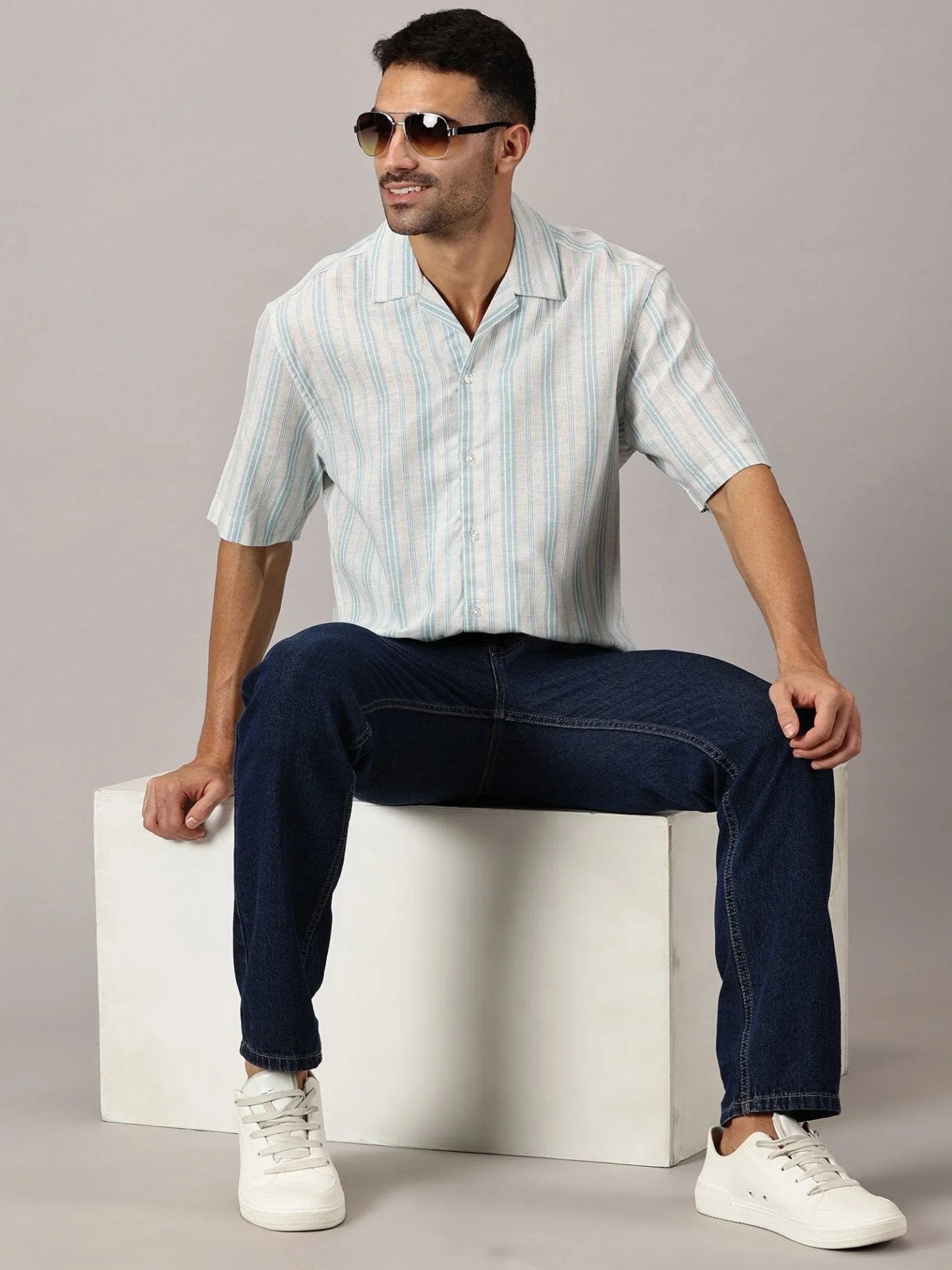 Aqua Stripe Linen Cuban Collar Shirt - Regalwolf