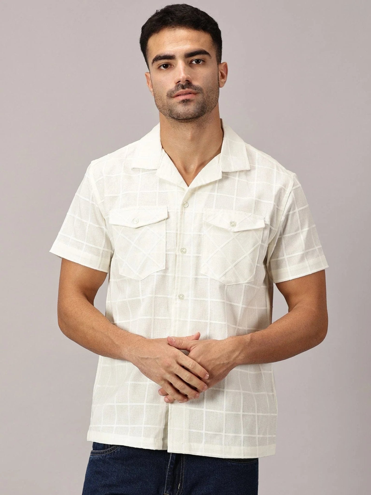Ivory Grid Channel Dobby Utility Shirt - Regalwolf