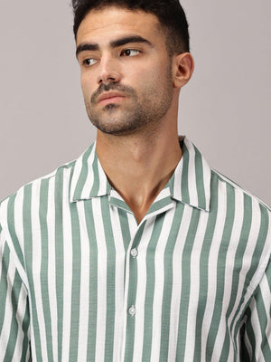 Jade Stripe Cuban Collar Shirt - Regalwolf