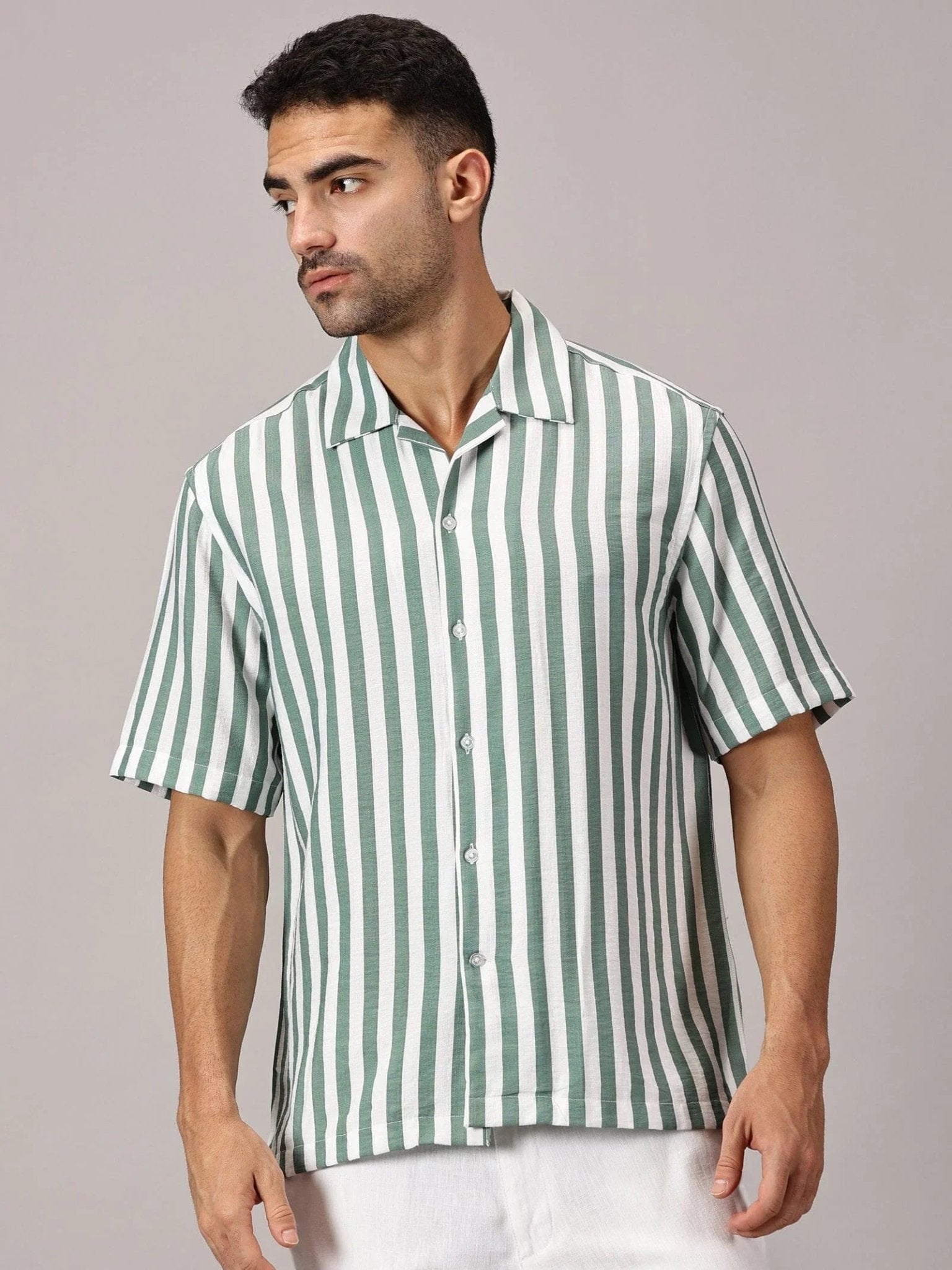 cuban collar dress shirt Stripe Crochet Cuban Collar Shirt in Neutral