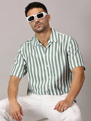 Jade Stripe Cuban Collar Shirt - Regalwolf