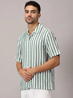 Jade Stripe Cuban Collar Shirt - Regalwolf
