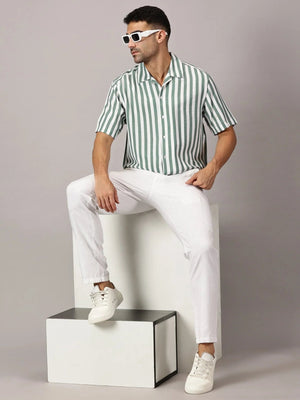 Jade Stripe Cuban Collar Shirt - Regalwolf