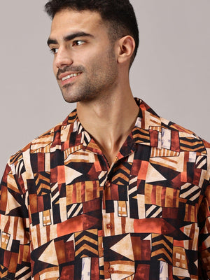 Rust Geo Viscose Cuban Collar Shirt - Regalwolf