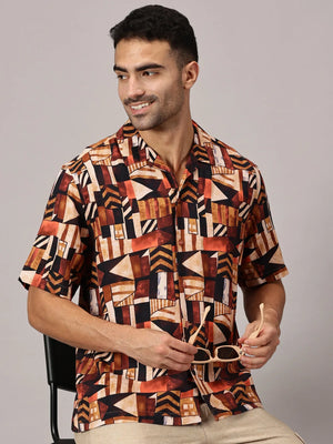 Rust Geo Viscose Cuban Collar Shirt - Regalwolf