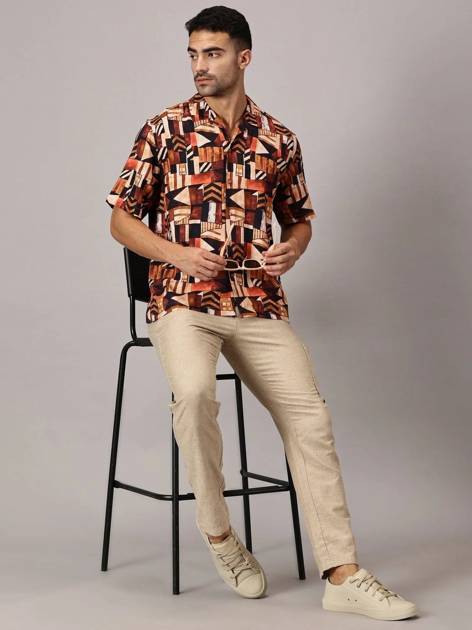 Rust Geo Viscose Cuban Collar Shirt - Regalwolf