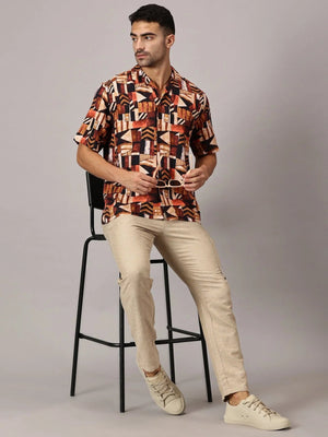 Rust Geo Viscose Cuban Collar Shirt - Regalwolf
