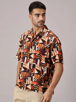 Rust Geo Viscose Cuban Collar Shirt - Regalwolf