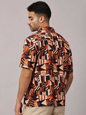 Rust Geo Viscose Cuban Collar Shirt - Regalwolf