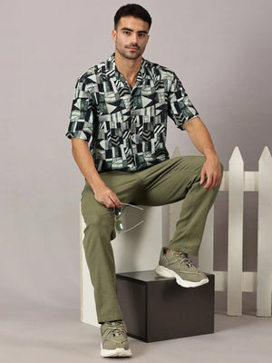 Sage Geo Viscose Cuban Collar Shirt - Regalwolf