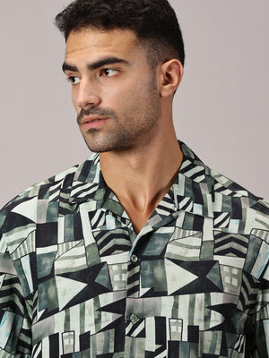 Sage Geo Viscose Cuban Collar Shirt - Regalwolf