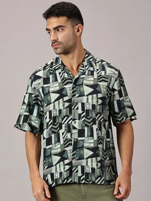 Sage Geo Viscose Cuban Collar Shirt - Regalwolf