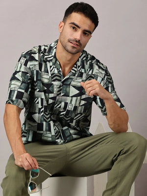 Sage Geo Viscose Cuban Collar Shirt - Regalwolf