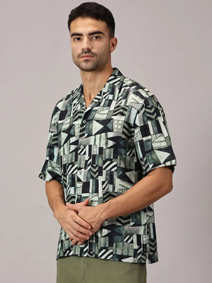 Sage Geo Viscose Cuban Collar Shirt - Regalwolf