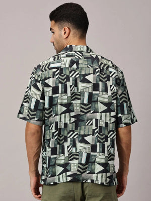 Sage Geo Viscose Cuban Collar Shirt - Regalwolf