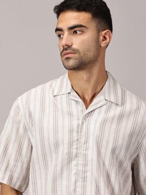 Sand Stripe Linen Cuban Collar Shirt - Regalwolf