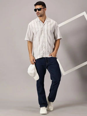 Sand Stripe Linen Cuban Collar Shirt - Regalwolf