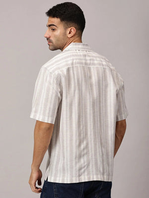 Sand Stripe Linen Cuban Collar Shirt - Regalwolf