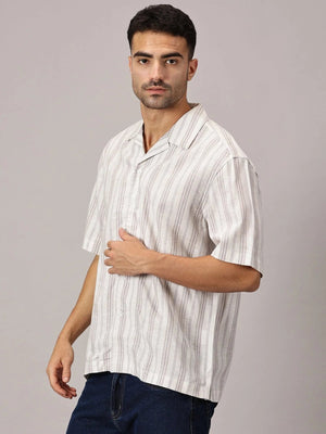 Sand Stripe Linen Cuban Collar Shirt - Regalwolf