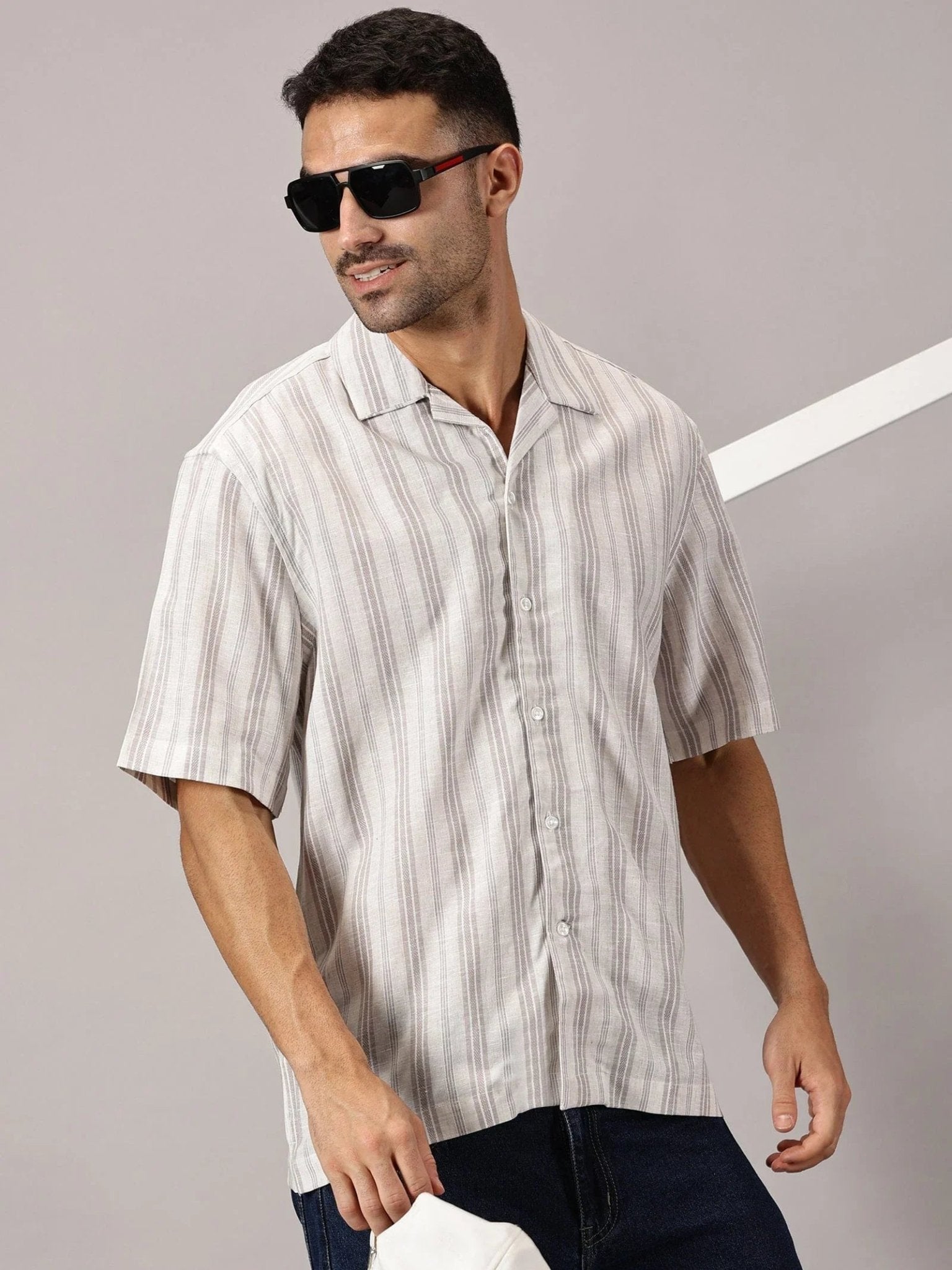 Sand Stripe Linen Cuban Collar Shirt - Regalwolf