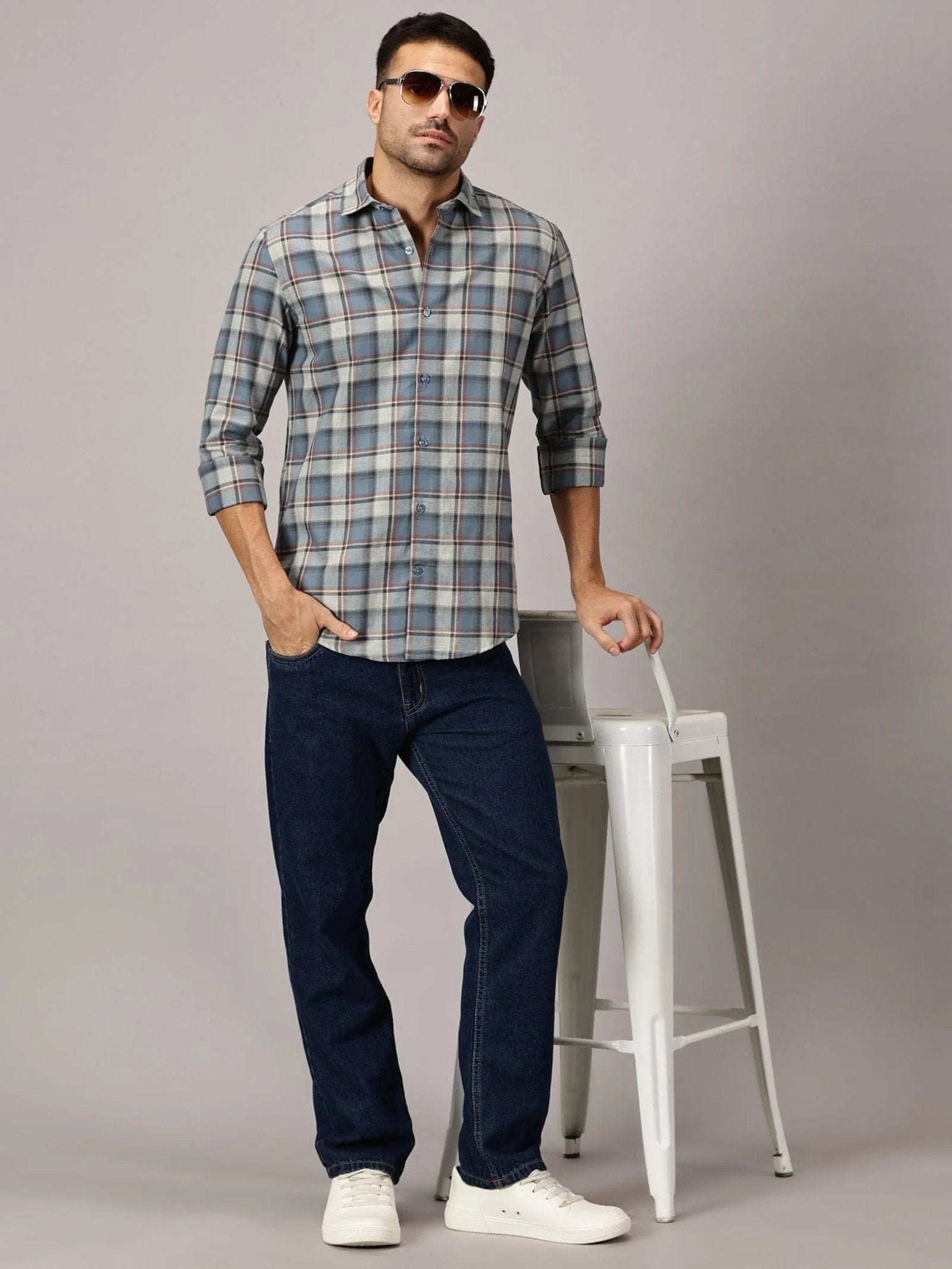 Steel Grey Checks Slim Fit Twill Shirt - Regalwolf