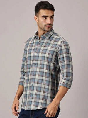 Steel Grey Checks Slim Fit Twill Shirt - Regalwolf