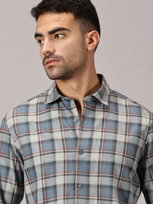 Steel Grey Checks Slim Fit Twill Shirt - Regalwolf