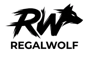Black 'RegalWolf' logo with a stylized wolf on a white background
