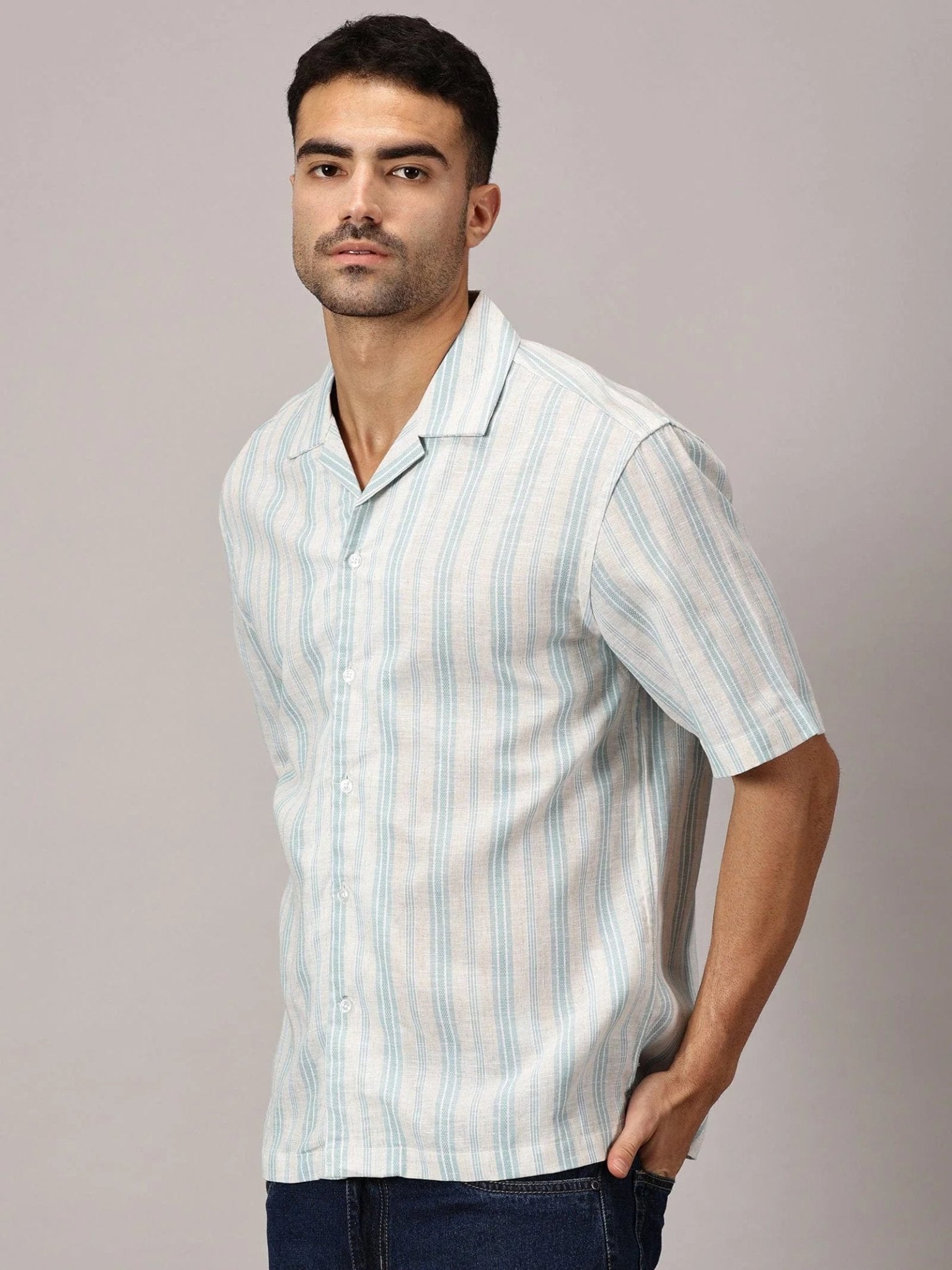 Aqua Stripe Linen Cuban Collar Shirt - Regalwolf
