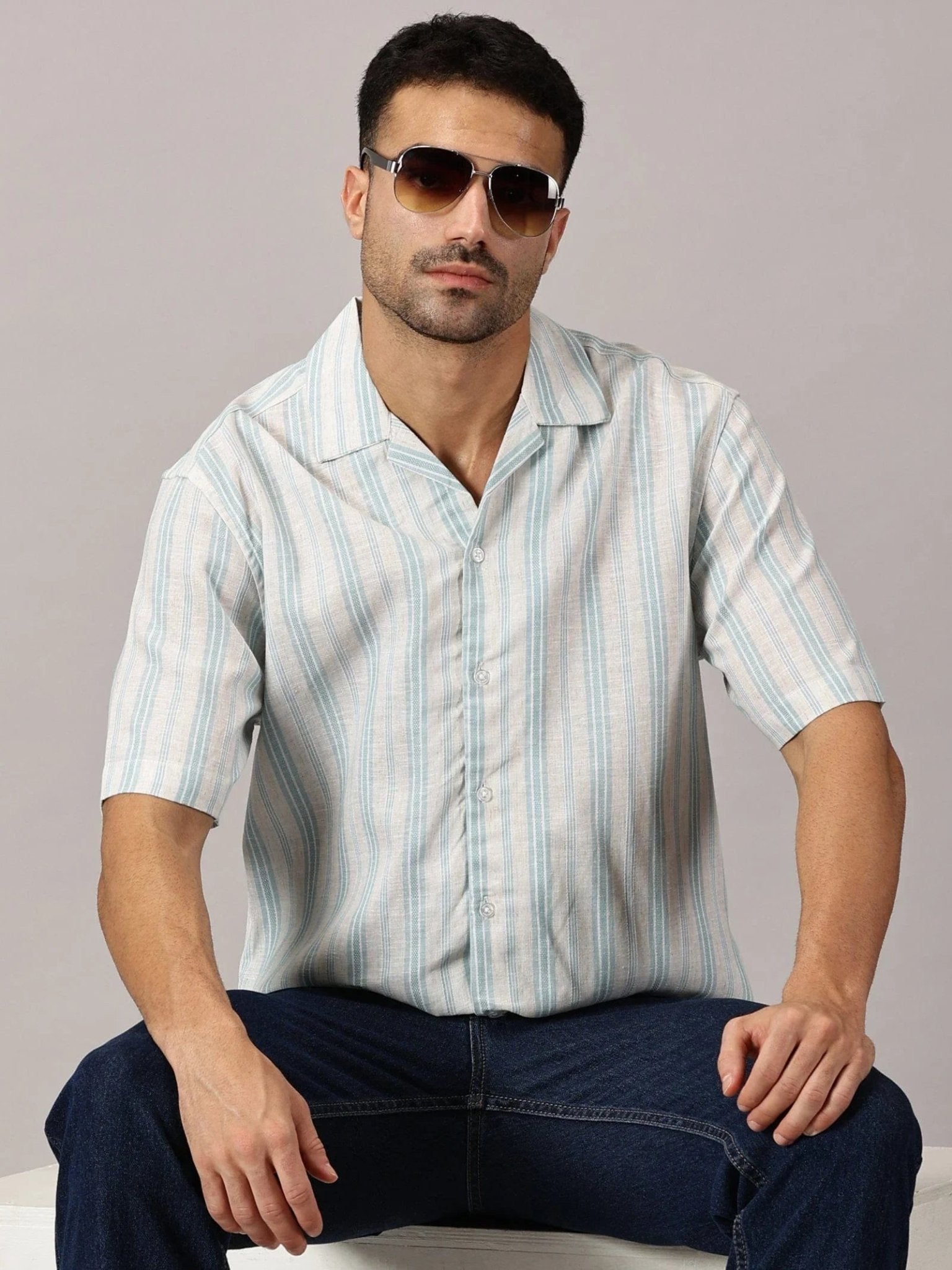 Aqua Stripe Linen Cuban Collar Shirt - Regalwolf