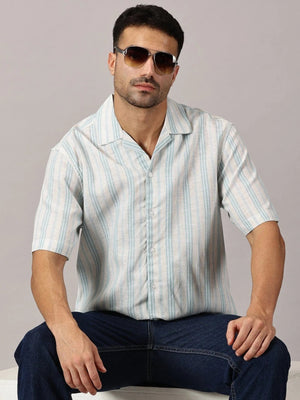Aqua Stripe Linen Cuban Collar Shirt - Regalwolf