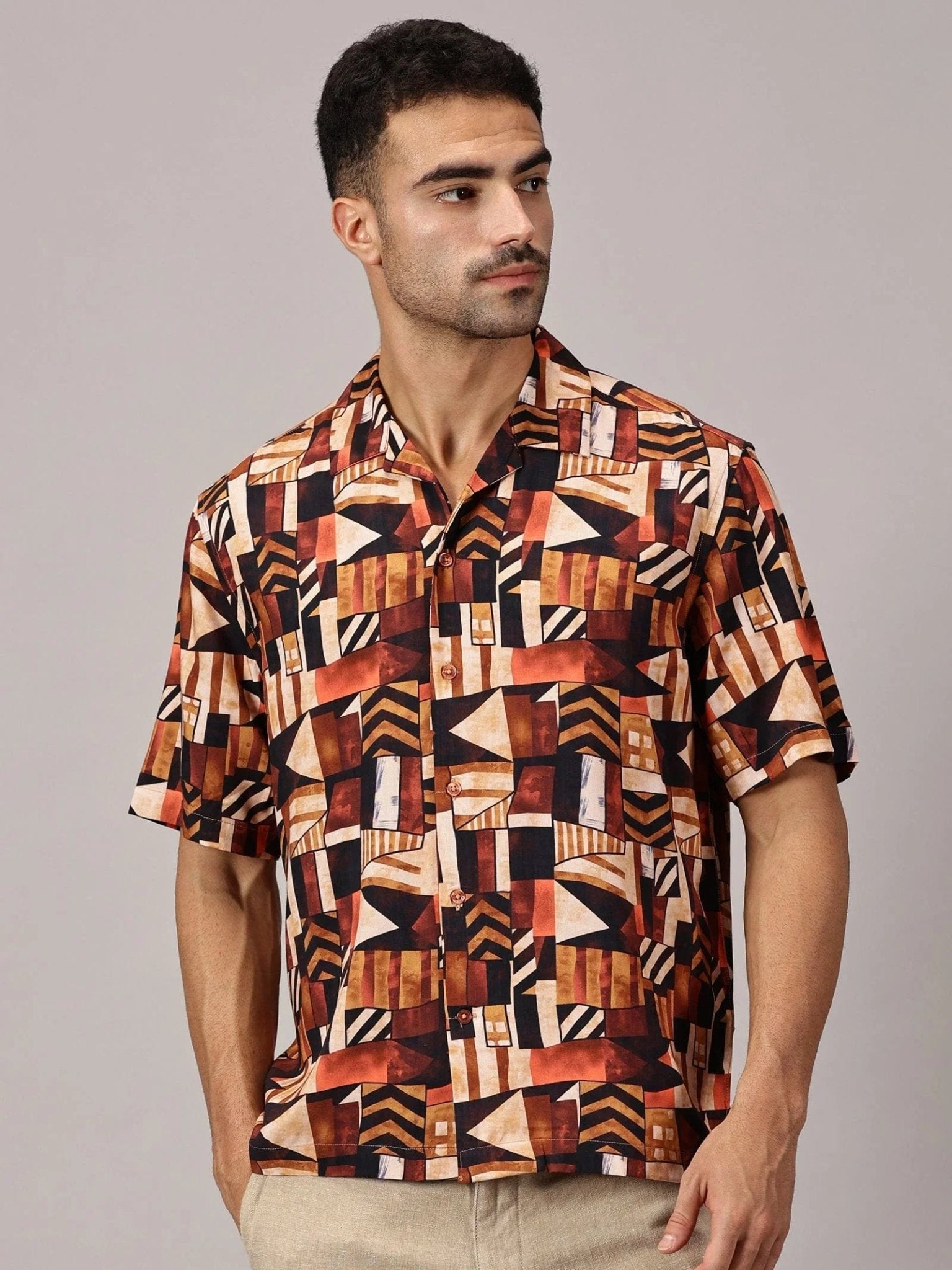Rust Geo Viscose Cuban Collar Shirt - Regalwolf