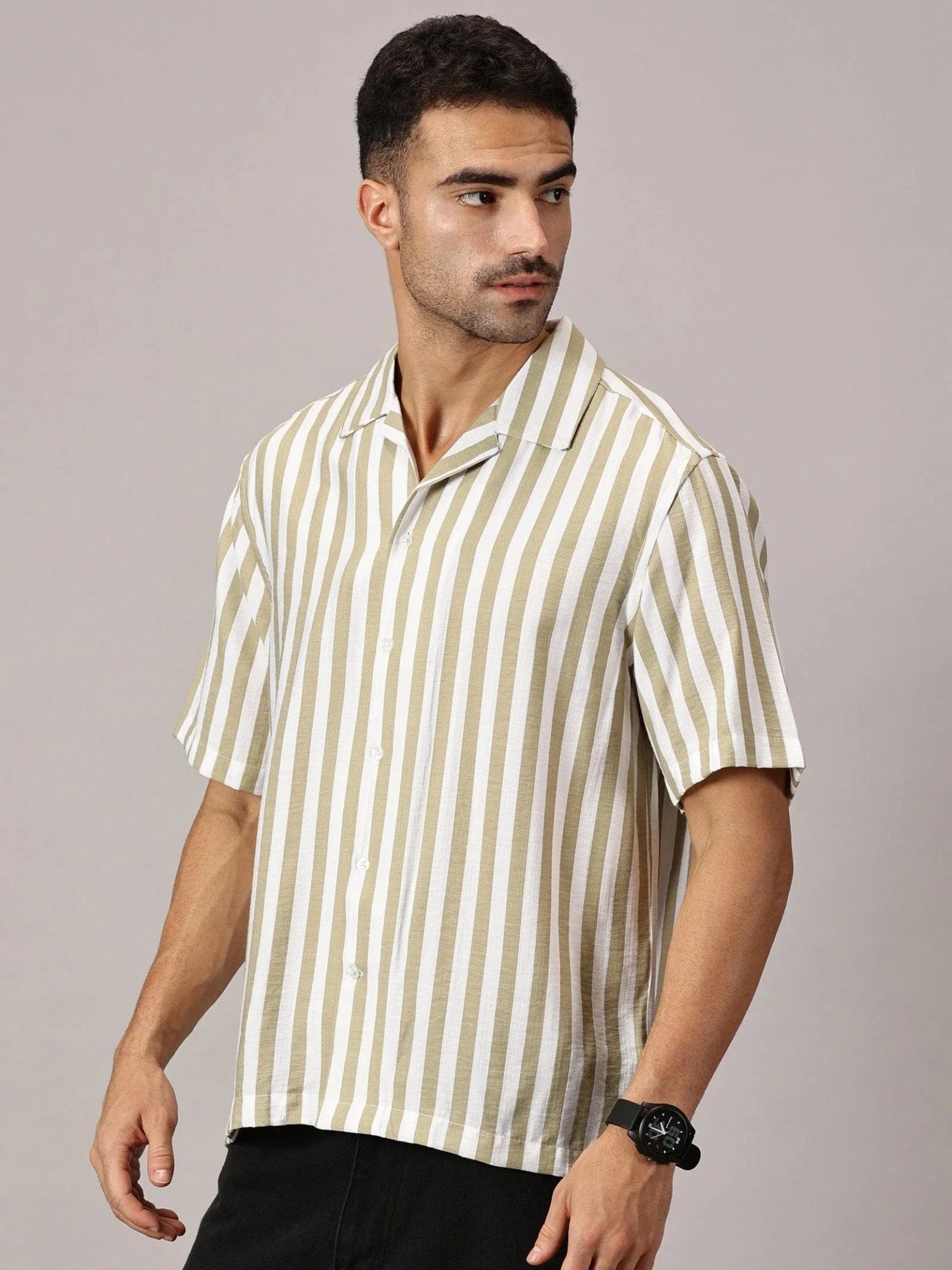 Sand Stripe Cuban Collar Shirt - Regalwolf
