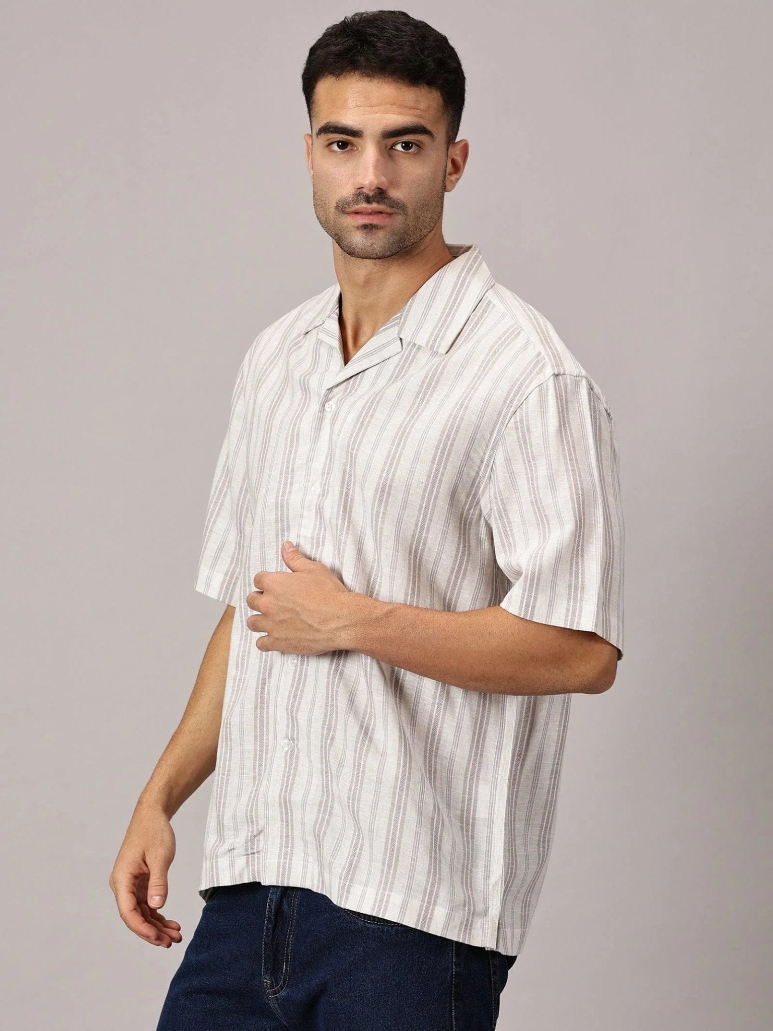 Sand Stripe Linen Cuban Collar Shirt - Regalwolf